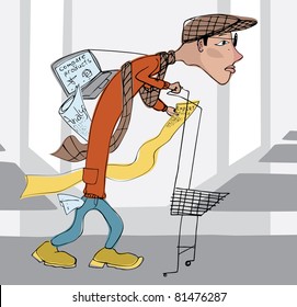 An intelligent and picky young man is shopping guided by expert advice, market analysis, product comparison, and other information sources.