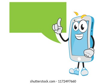 Intelligent Presenter teacher trainer manager ceo smartphone funny mobile character giving you an idea presenting blank empty template speech bubble