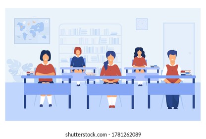 Intelligent pupils studying in classroom isolated flat vector illustration. Cartoon kids sitting at desks during school lesson or exam. Education and learning concept