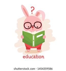 Intelligent rabbit reading a book. Kids design. Education concept vector illustration.