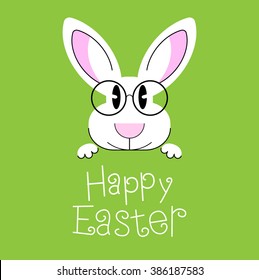 Intelligent rabbit wearing glasses. Postcard with animals on a green background and greetings