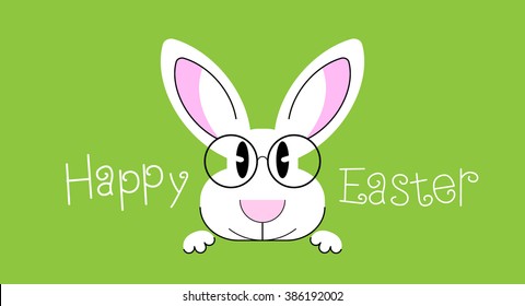 Intelligent rabbit wearing glasses. Postcard with animals on a green background and greetings