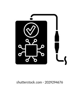 Intelligent recognition black glyph manual label icon. Adapt to charging demands. Current autodetection. Silhouette symbol on white space. Vector isolated illustration for product use instructions