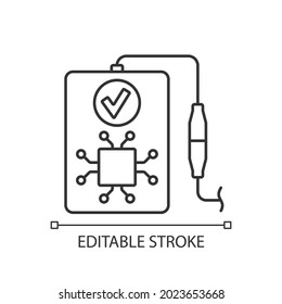 Intelligent recognition linear manual label icon. Adapting to device. Thin line customizable illustration. Contour symbol. Vector isolated outline drawing for product use instructions. Editable stroke