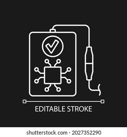Icono de etiqueta manual lineal blanca de reconocimiento inteligente para el tema oscuro. Ilustración personalizable de línea delgada. Símbolo de contorno vectorial aislado para el modo nocturno para las instrucciones de uso del producto. Trazo editable
