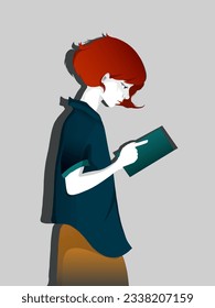 Intelligent redhead student engrossed in studying with a book. Academic success and focused learning concept. Female education illustration vector.