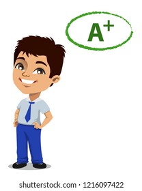 An intelligent school boy wearing a uniform has scored an 'A+' grade in studies