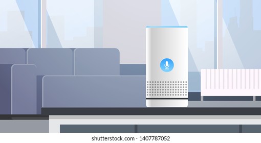intelligent smart speaker voice recognition activated digital assistants automated command report concept modern living room interior flat horizontal vector illustration