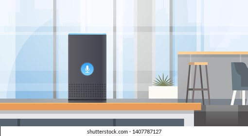 intelligent smart speaker voice recognition activated digital assistants automated command report concept modern cafe interior flat horizontal