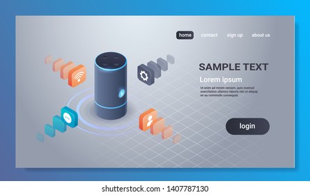 intelligent smart speaker voice recognition activated digital assistants automated command report concept 3d isometric copy space flat horizontal