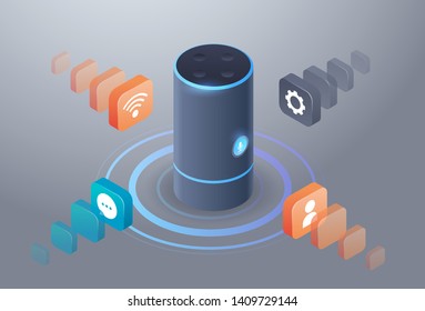 intelligent smart speaker voice recognition activated digital assistants automated command report concept 3d isometric flat horizontal