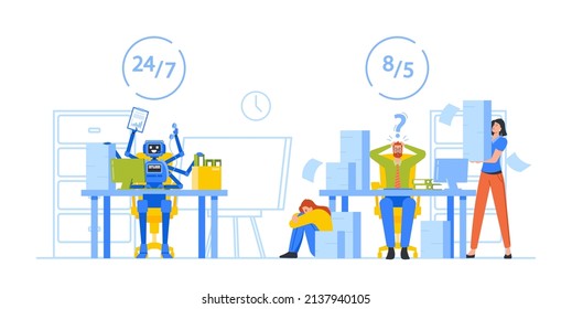 Intelligent System Automation against Manual Labor. Office Characters Compete with Ai Cyborg at Workplace. Rpa Robotic Process, Innovation Technology Concept. Cartoon People Vector Illustration