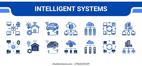 Intelligent Systems Icon Collection, featuring IoT Network, Smart Living, Smart Mobility, Cloud System, Data Hub, System Sync, Digital Infra.
