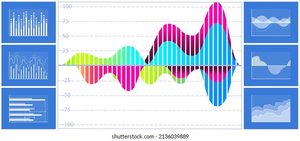 Intelligent technology hud interactive panel. Data screen with charts, diagrams. Futuristic ui infographics on dark background. Diagram lines color chart, graph presentation. Annual financial report