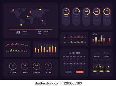 Intelligent technology vector interface. Network management data screen with colored charts and diagrams with steps, options, parts or processes. Infographic digital illustration.