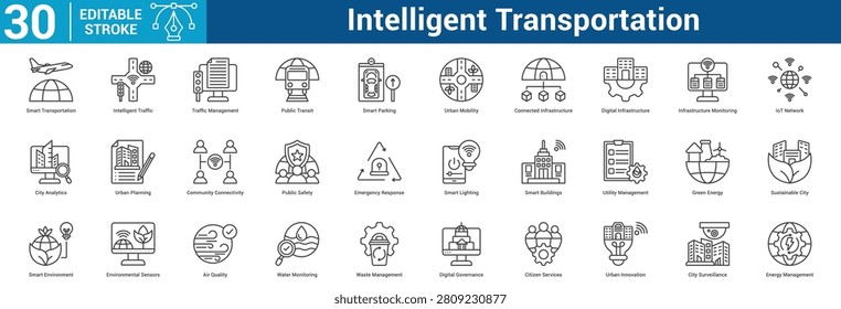Intelligent Transportation icon set collection business with icon of Smart Transportation, Intelligent Traffic, Traffic Management, Public Transit, Smart Parking, Urban Mobility, Connected Infrastr.