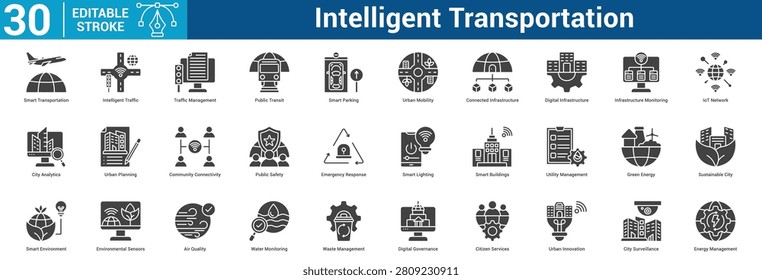 Intelligent Transportation icon set collection business with icon of Smart Transportation, Intelligent Traffic, Traffic Management, Public Transit, Smart Parking, Urban Mobility, Connected Infrastr.