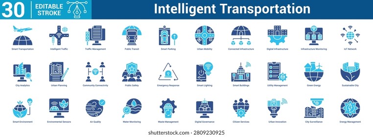 Intelligent Transportation icon set collection business with icon of Smart Transportation, Intelligent Traffic, Traffic Management, Public Transit, Smart Parking, Urban Mobility, Connected Infrastr.