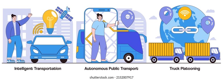 Intelligent Transportation System, Autonomous Public Transport, Truck Platooning Concepts With People Characters. Modern Logistics Vector Illustrations Pack. Smart Traffic Management, IoT Metaphor.