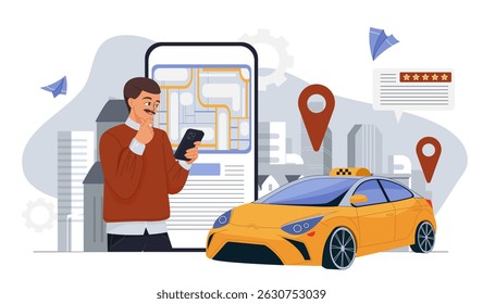 Intelligent transportation system. Man with smartphone near yellow automobile. Modern technologies and innovations. Transport management system. Flat vector illustration
