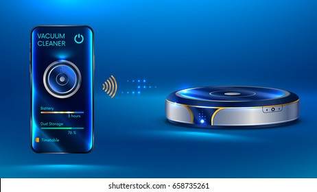 Intelligent vacuum cleaner. The robot vacuum cleaner communicates with the smartphone via wireless. The interface of mobile application for the robot vacuum cleaner. Internet of things. Smart House