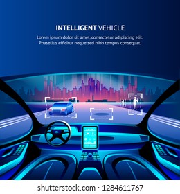 Intelligent Vehicle Cockpit Cityscape View. Vector Illustration of Autonomus Smart Car. Driverless Automobile with Intelligent Innovation GPS Traffic radar System. Security Driverless Technology.