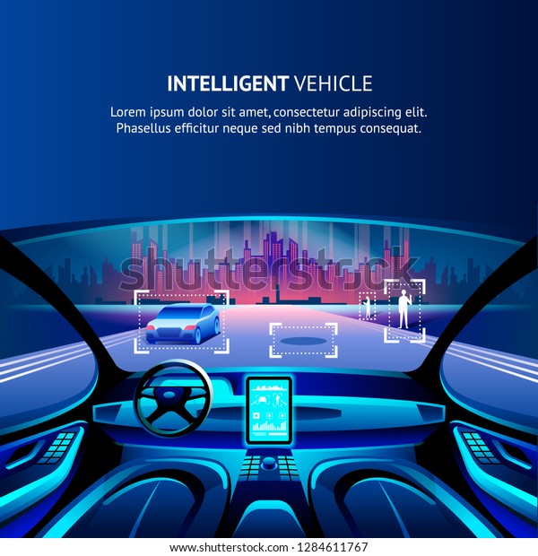 Intelligent Vehicle Cockpit Cityscape View.
Vector Illustration of Autonomus Smart Car. Driverless Automobile
with Intelligent Innovation GPS Traffic radar System. Security
Driverless
Technology.
