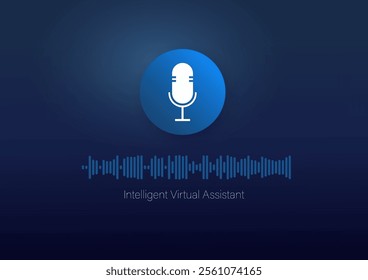 Intelligent Virtual Assistants concept. AI chatbot, personalized support, voice recognition, natural language processing. IVA automating tasks, microphone logo vector illustration on blue background