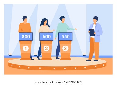 Intelligent young people playing television quiz with host isolated flat vector illustration. Cartoon TV program participants answering questions. Game quiz show and puzzle concept