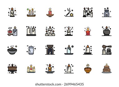 Intelligently designed 24 Pixel Aligned vector icons inspired by Candle, created in Flat Line Filled format at High Resolution for smart and efficient design workflows.