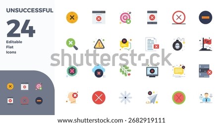 Intelligently designed 24 PIXEL perfect vector icons inspired by Unsuccessful, created in Flat format at 128x128 for smart and efficient design workflows.