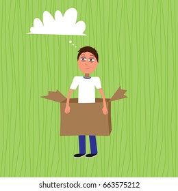 intended man standing in the paper box represents think out of the box concept vector illustration