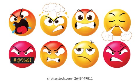 Emojis 3D intensos exibem raiva, frustração, gritos, vapor e reações explosivas. Ideal para pacotes de expressão emocional, adesivos, bate-papos ou conteúdo em quadrinhos.