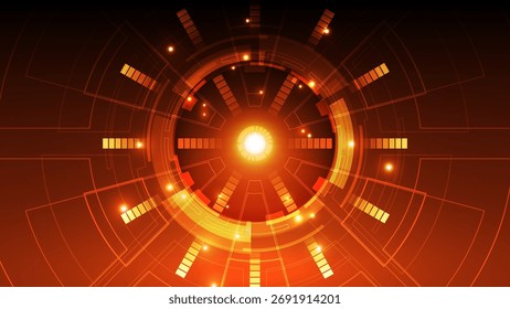 Intense abstract technology background featuring a bright, glowing central core, radiating lines, and swirling geometric elements in hot orange and red tones. Represents extreme energy, speed.