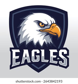 Intense bald eagle head inside a shield emblem with bold "EAGLES" text, ideal for sports team logos, badges, and powerful branding representing strength and determination