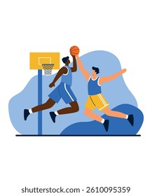 Intense Basketball Game with Players in Mid-Air