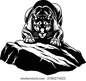 Pantera negra intensa agachada em um afloramento rochoso em preto e branco dramático