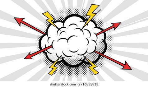 Intensa explosión de la nube cómica en blanco y negro con flechas rojas y rayos amarillos sobre un fondo de explosión radial gris.