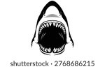 Intense black and white illustration of a shark head with its jaws wide open revealing rows of sharp triangular teeth.
