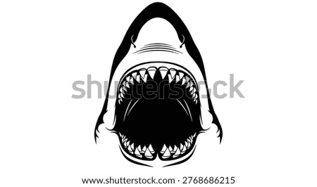 Intense black and white illustration of a shark head with its jaws wide open revealing rows of sharp triangular teeth.
