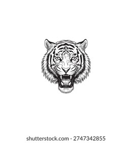 Intense black and white portrait of a tiger's head, snarling with bared teeth, conveying raw power, ferocity, and the wild spirit of the jungle.