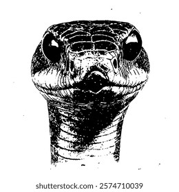 intense black and white vector close-up of a snake’s head, capturing its piercing gaze and textured scales with intricate detail for a striking wildlife design.