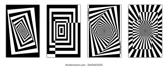 Intense black and white vector illusions with radiating squares, cubes, and hypnotic vortexes. Perfect for eye-catching posters and digital installations.