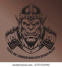 Intense black and white vector illustration of an angry fantasy orc or goblin warrior head wearing a spiked helmet and armor. Ideal for gaming, e-sports, mascots, or dark fantasy designs.