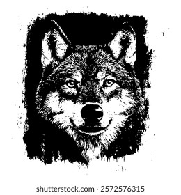 intense black and white vector portrait of a wolf, designed with rugged textures and sharp details, capturing its fierce and mysterious spirit in a bold graphic representation