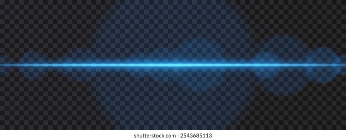 Feixe laser horizontal azul intenso. Luz brilhante e focada com clarões de lente e efeitos de brilho. Design de ficção científica, destaques futuristas e fluxo de energia em um fundo escuro.