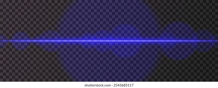 Feixe laser horizontal azul intenso. Luz brilhante e focada com clarões de lente e efeitos de brilho. Design de ficção científica, destaques futuristas e fluxo de energia em um fundo escuro.