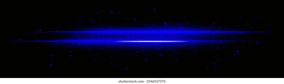 Feixes de luz horizontal azul intenso com partículas brilhantes e efeitos de brilho. Linhas radiantes brilhantes em um plano de fundo escuro, ideal para adicionar realces dramáticos