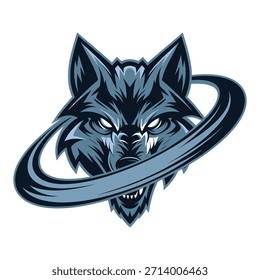Mascota de cabeza de lobo azul intenso con elemento de anillo dinámico