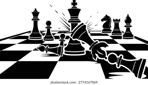 Intense Chess Battle with Pieces in Disarray